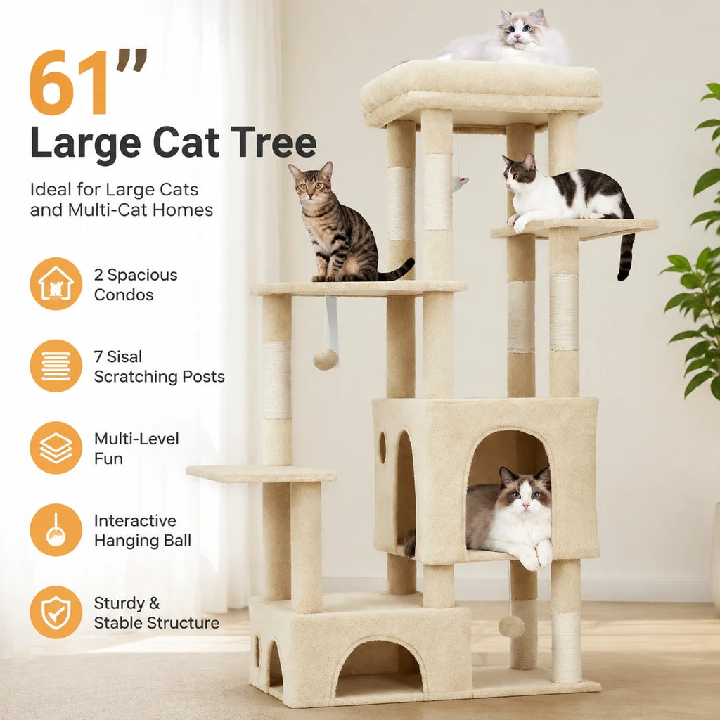 61" Cat Tree with Two Condos & Seven Scratching Posts