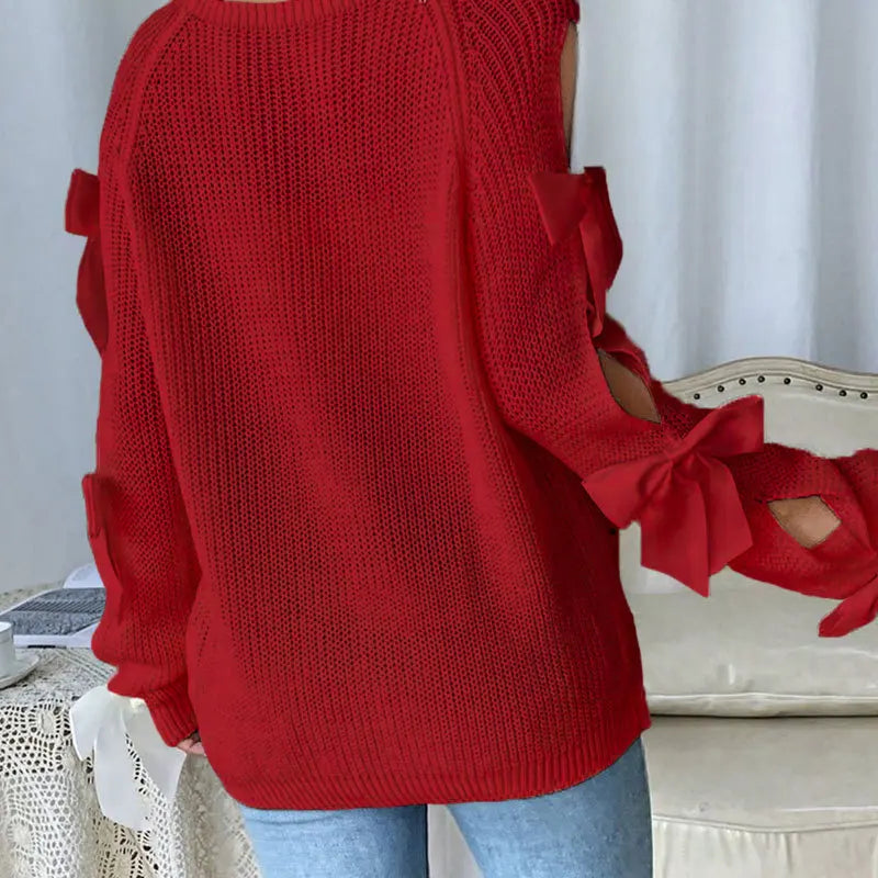 Bow-Detail Cutout Round-Neck Sweater