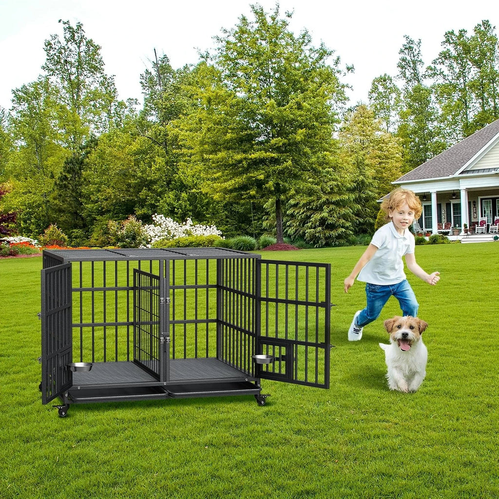 42" Metal Dog Crate with Wheels & Removable Tray