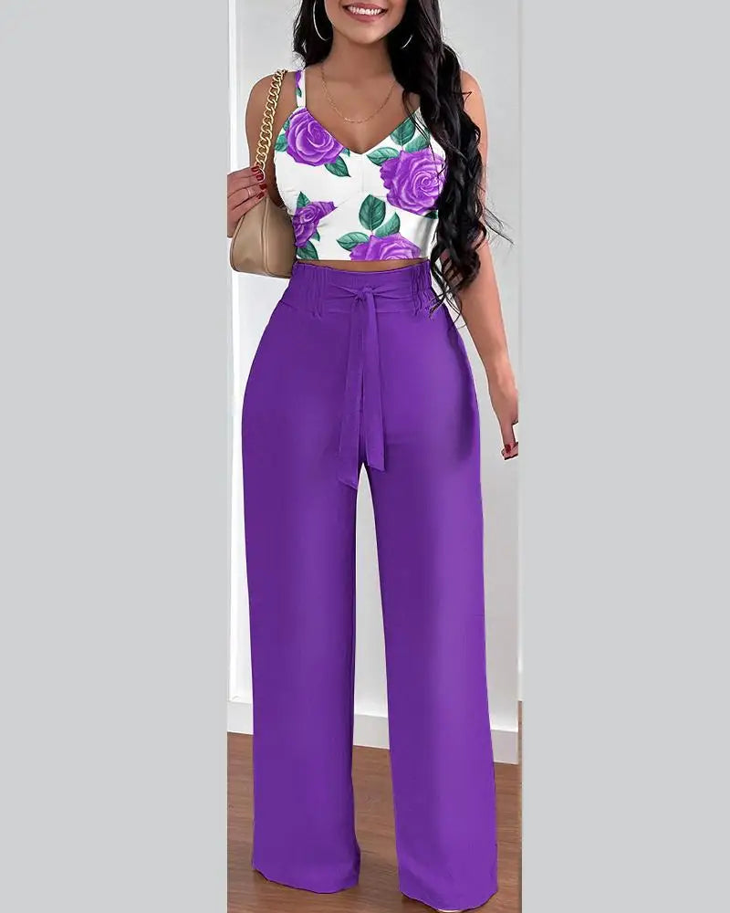 Women's Printed V-Neck Halter Top and Wide-Leg Pants Set