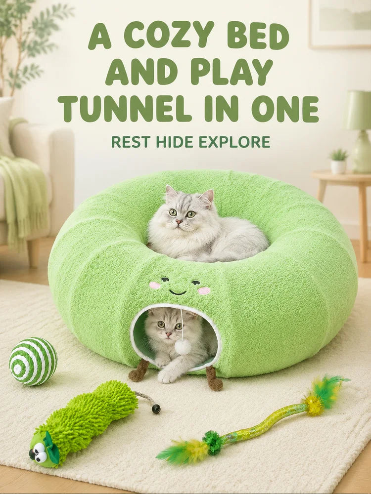 Convertible Plush Cat Tunnel & Donut Bed