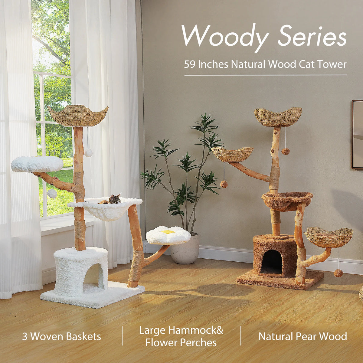 Flower Cat Tree with Wicker Basket Bed