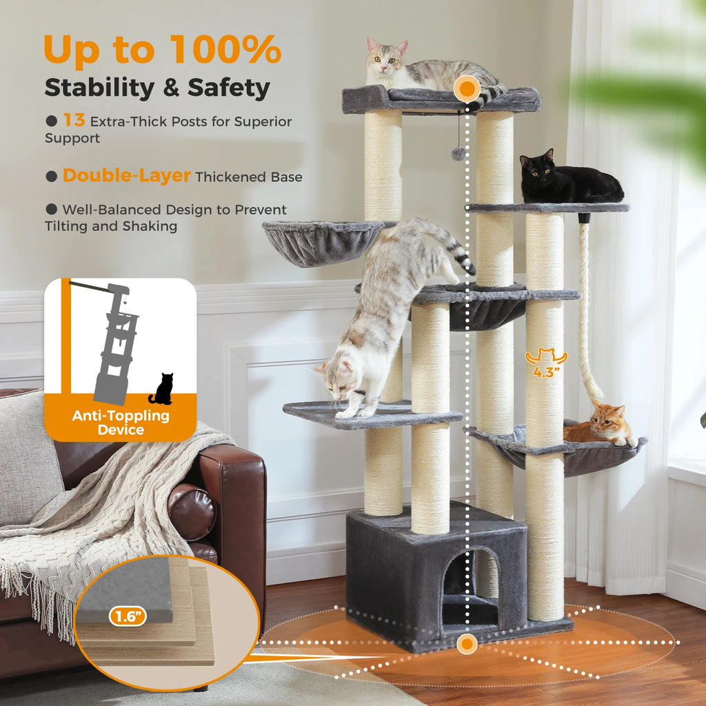 Large Cat Tree for Big Cats Robust Cat Tower with Several Levels Cat House Climbing Tree with Hammock 11 Sisal Posts Large Perch Whispering Desires Shoppe