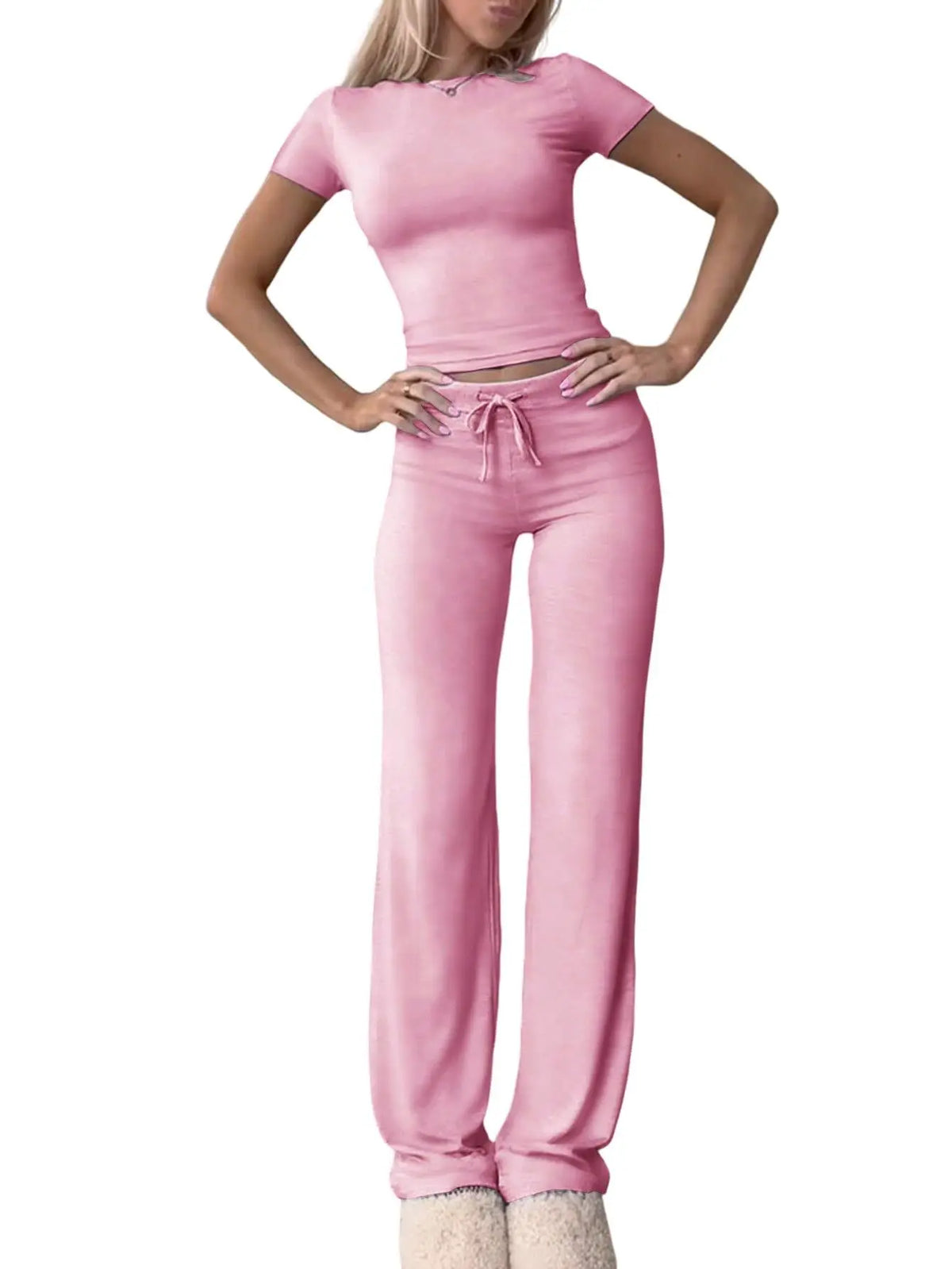 Solid Short-Sleeve Top & Pants Set