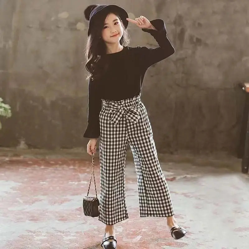 Girls' Plaid Wide-Leg Pants & Long-Sleeve Top Set