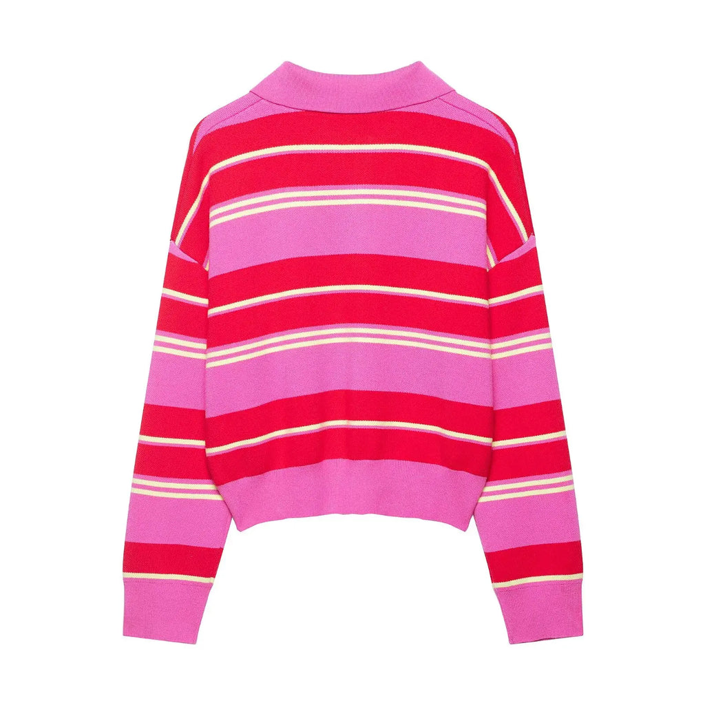 Striped Polo-Collar Long-Sleeve Sweater