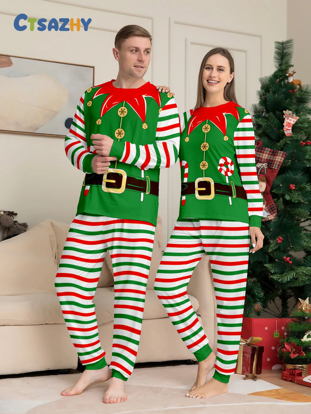 Green Elf Stripe Family Christmas Pajamas