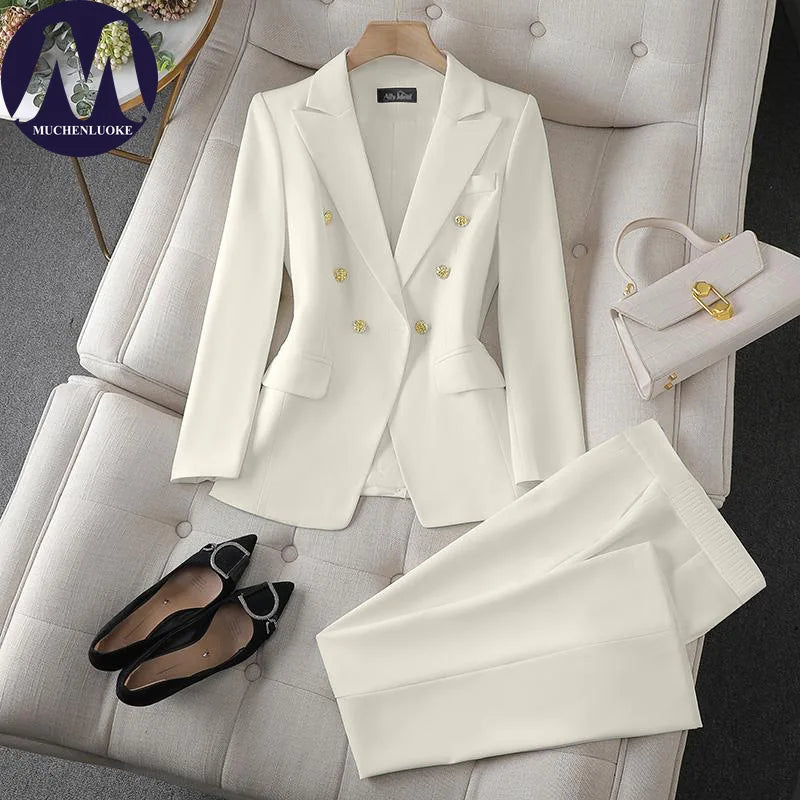 Women's Double-Breasted Blazer and Wide-Leg Pants Set