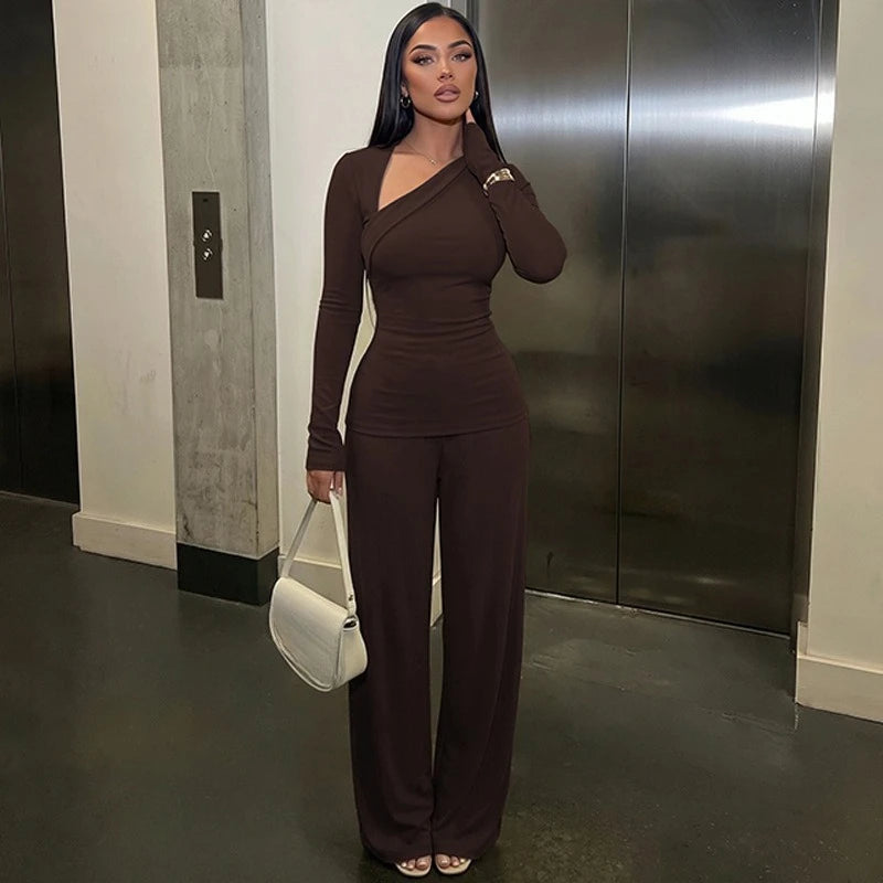 Women's Asymmetric Long-Sleeve Top and Flared Pants Set