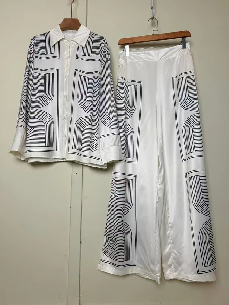 Women's Geometric Button-Up Shirt and Wide-Leg Pants Set
