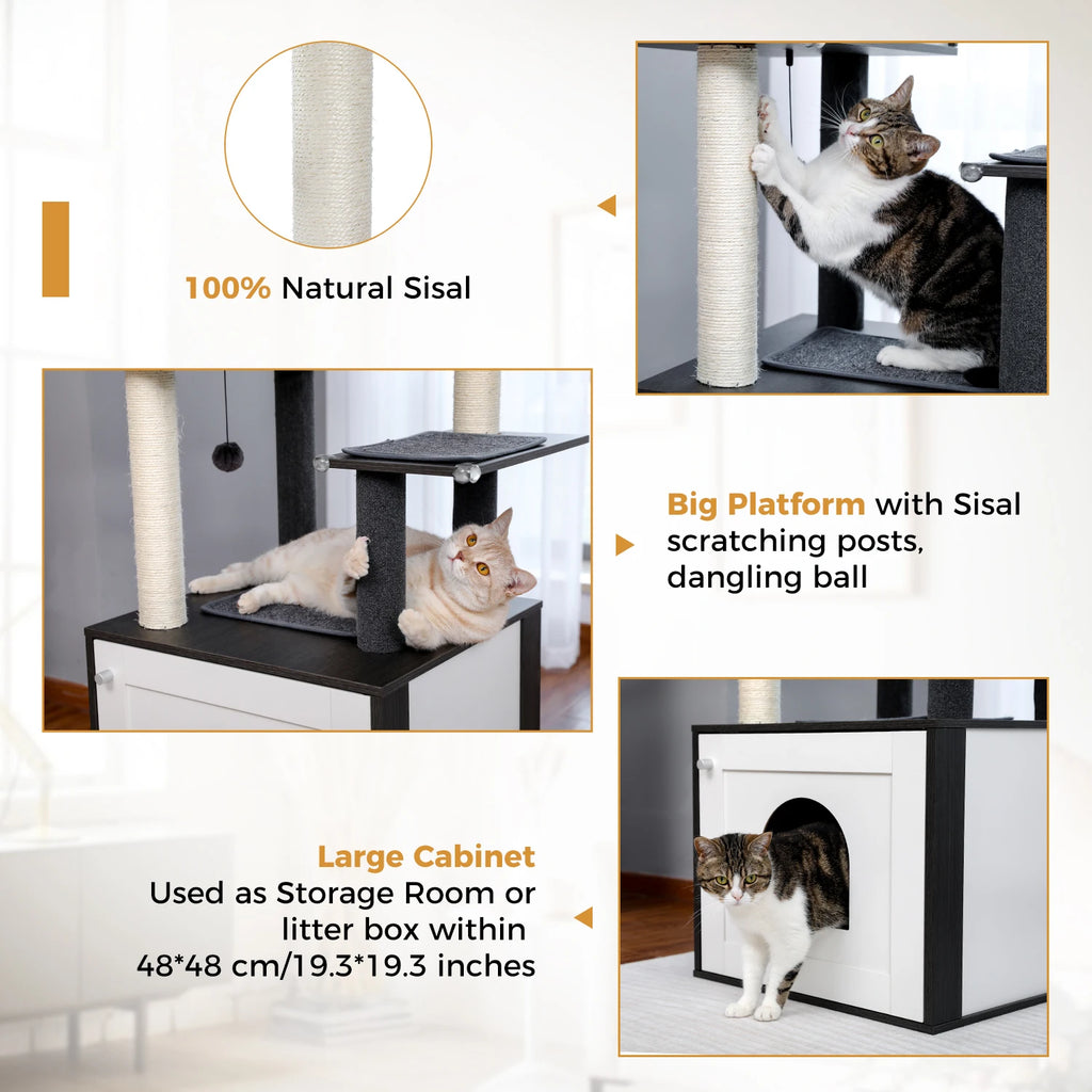 Multi-Level Wooden Cat Tree with Condo & Hammock