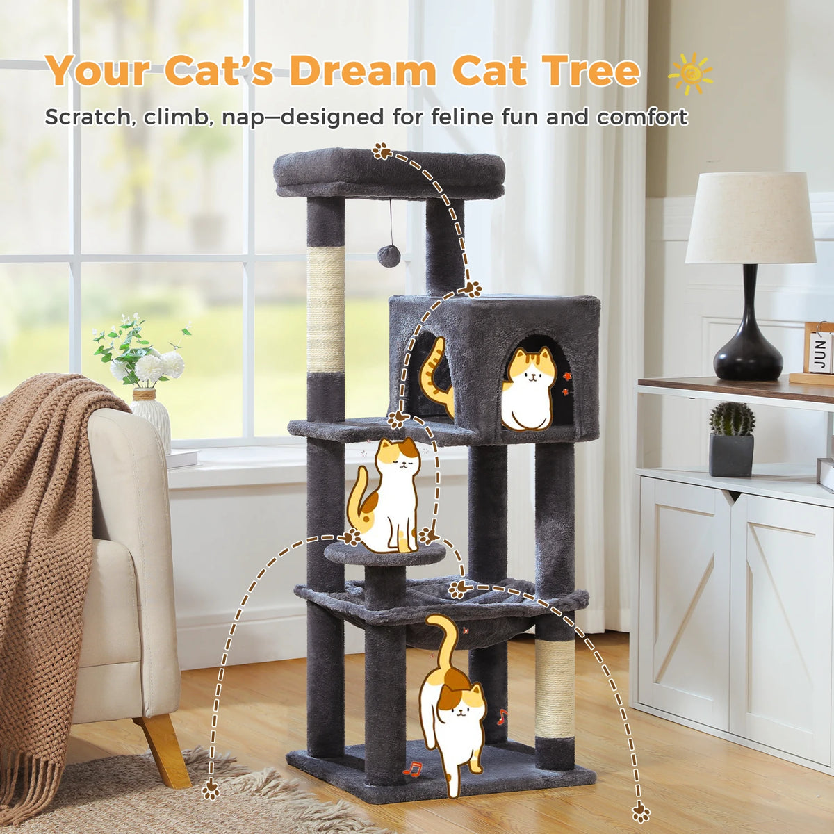 113cm Five-Level Cat Tree with Hammock & Condo