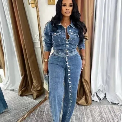 Denim Jacket & Straight Pants Set