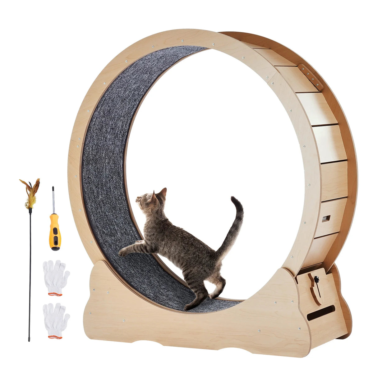 SucceBuy Wooden Cat Exercise Wheel with Removable Carpet