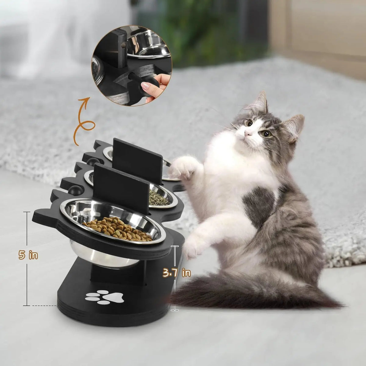 Adjustable Raised Cat Bowl Stand with Three Steel Bowls