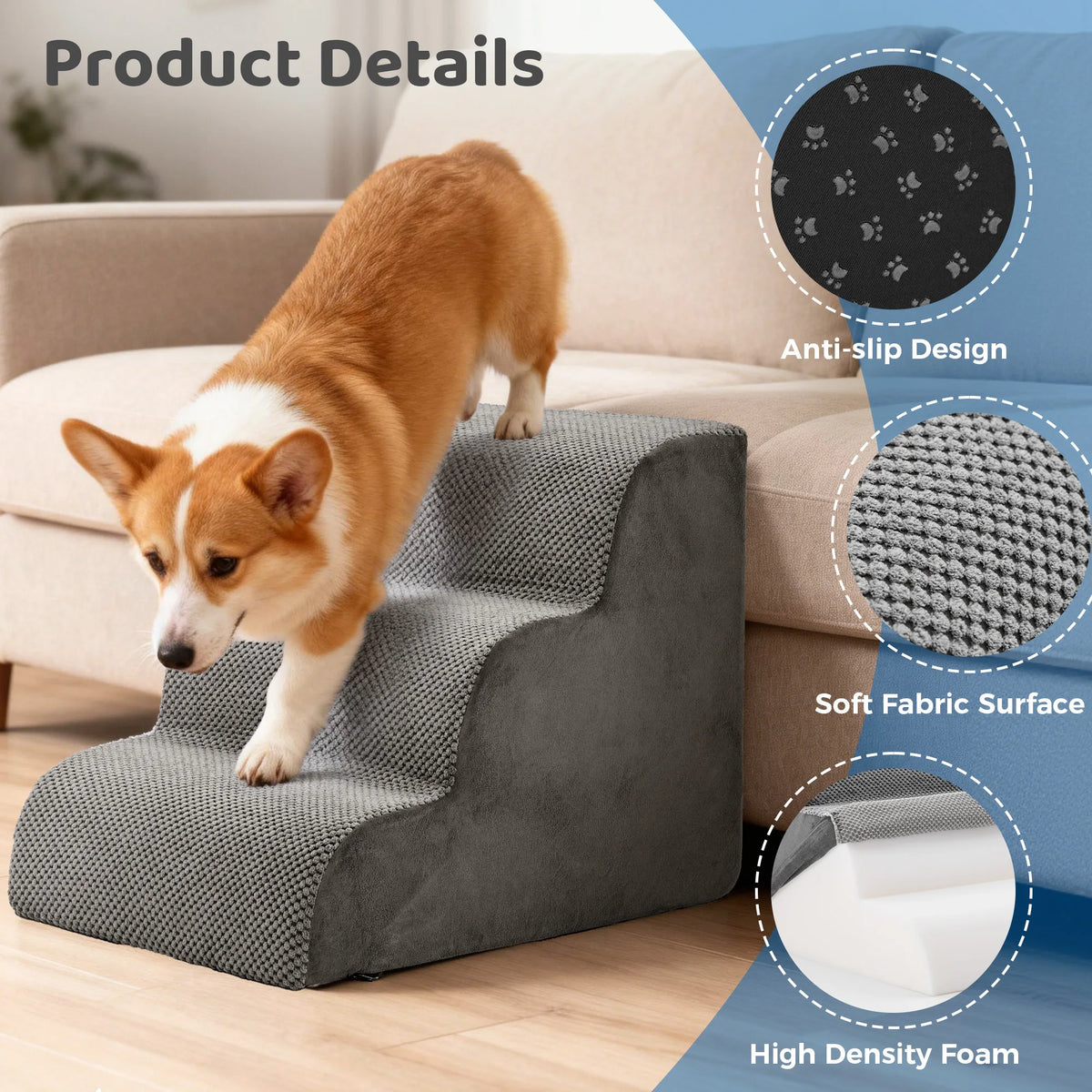 JHK 3-5 Step High-Density Foam Dog Stairs Ramp for Small Dogs Curved Pet Dog Steps Indoor Non-Slip Pet Ladder Ramp Stairs Whispering Desires Shoppe