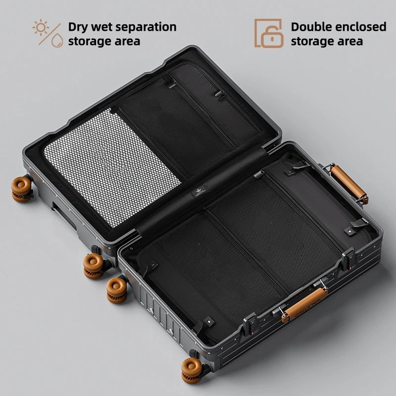 Front Opening Suitcase PC Material with Aluminum Frame TSA Lock Cup Holder Charging Port Colorful Wheels Travel Rolling Luggage Whispering Desires Shoppe