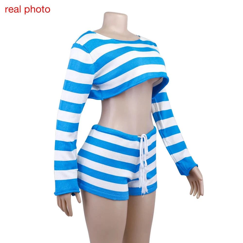 Women's Striped Off-Shoulder Top and Shorts Set