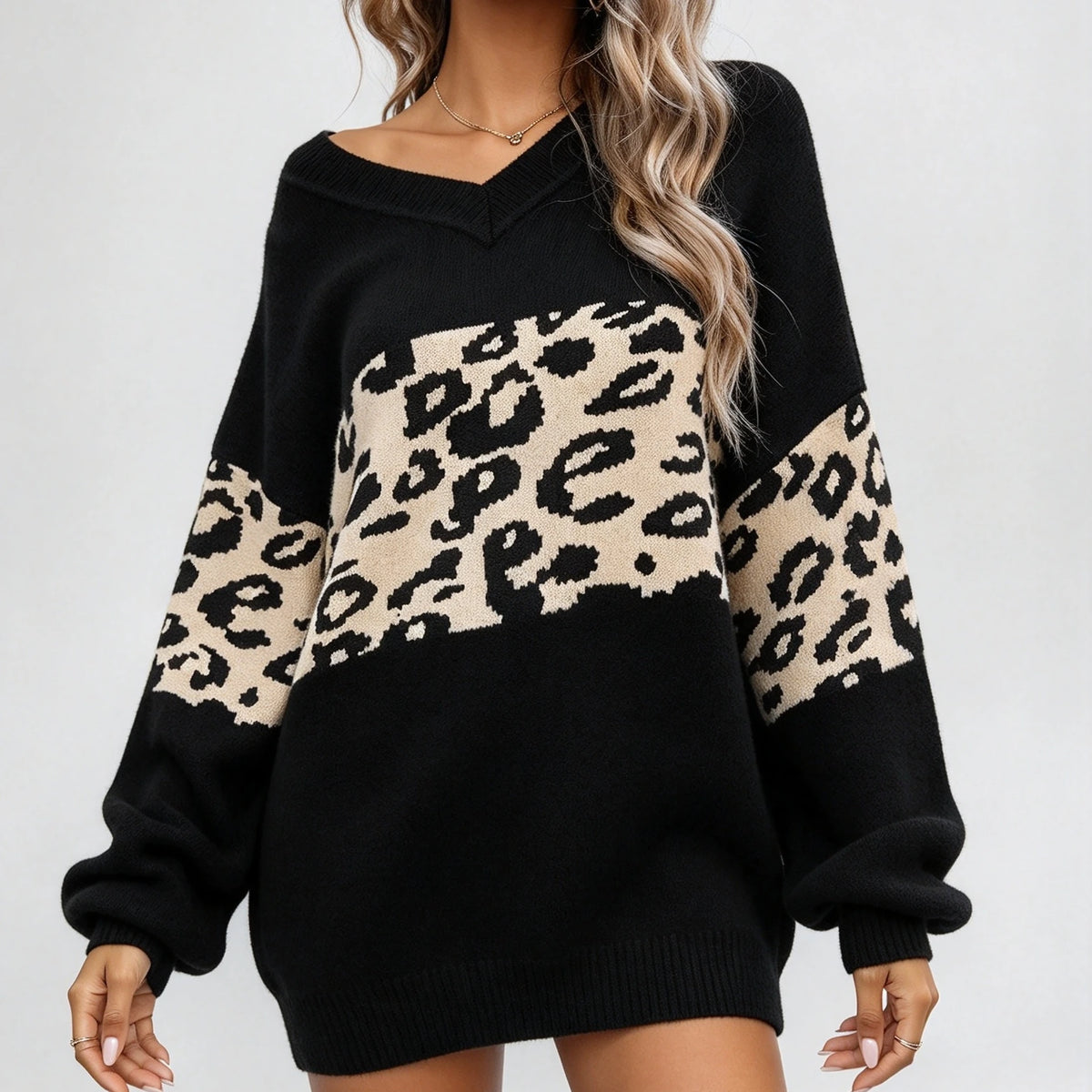 Leopard Colorblock V-Neck Oversized Sweater