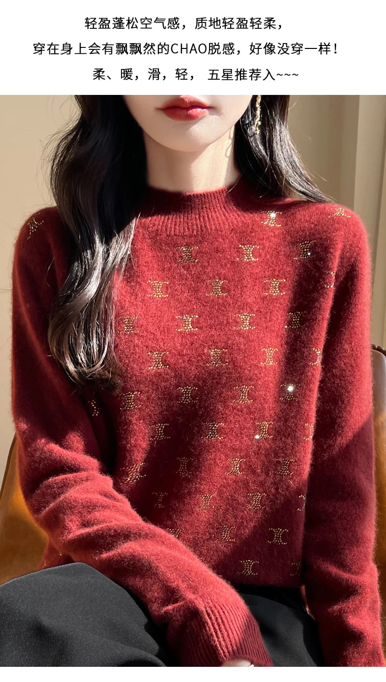 Women Fine Wool Thickening Sweater Half-high Collar Leaf studded With Diamonds Pullover Female Knitted Basis Tops Autumn Winter Dsers