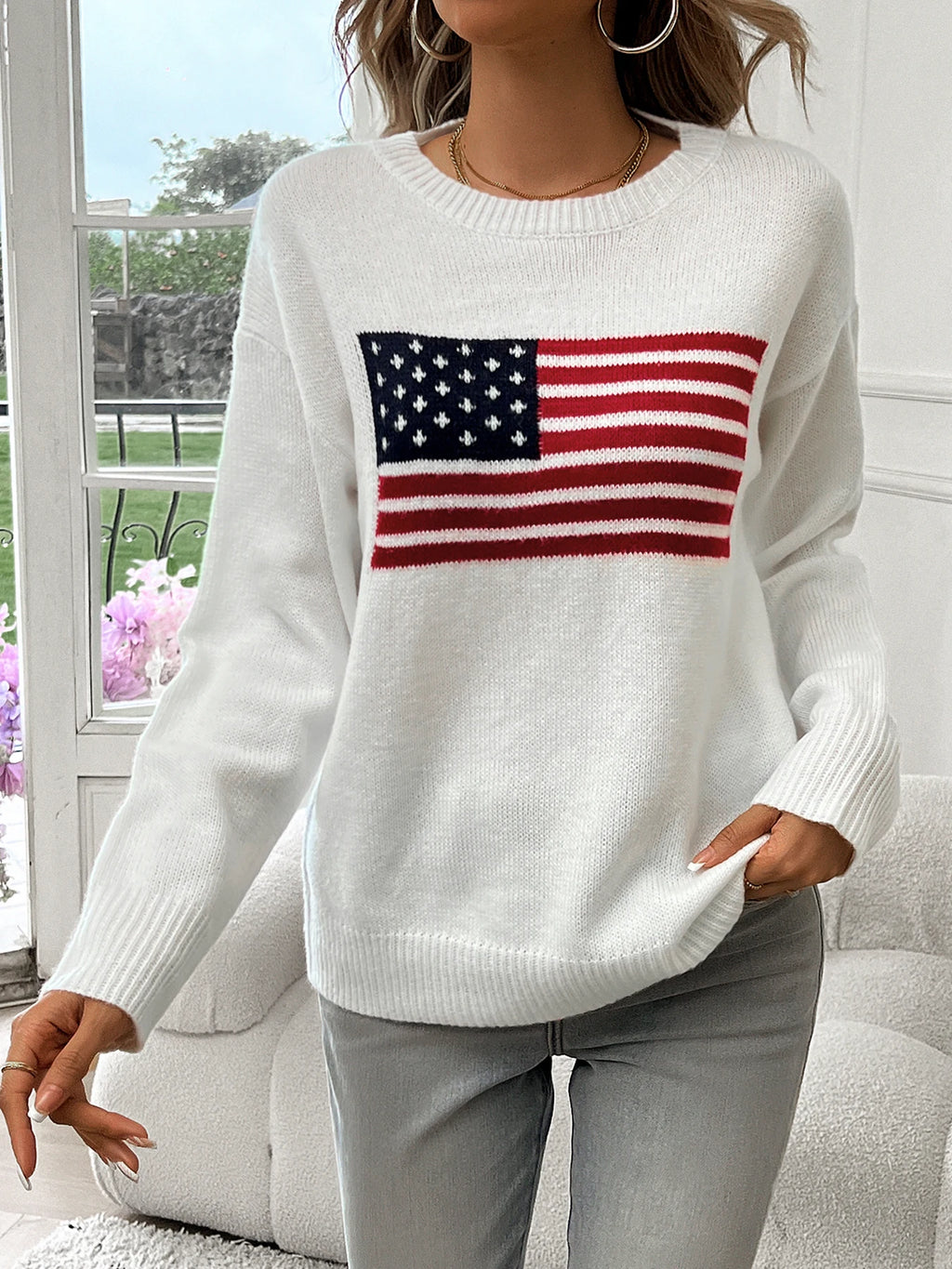 American Flag Crew Neck Long Sleeve Pullover Women's Sweater Dsers