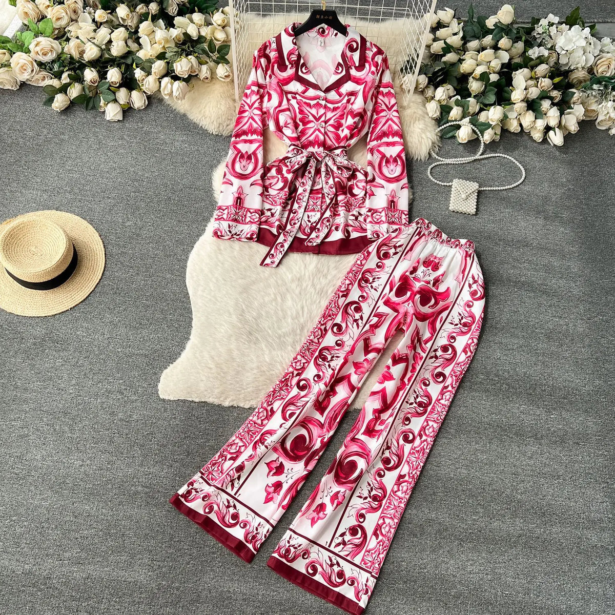 Printed Collar Top & Wide-Leg Pants Set
