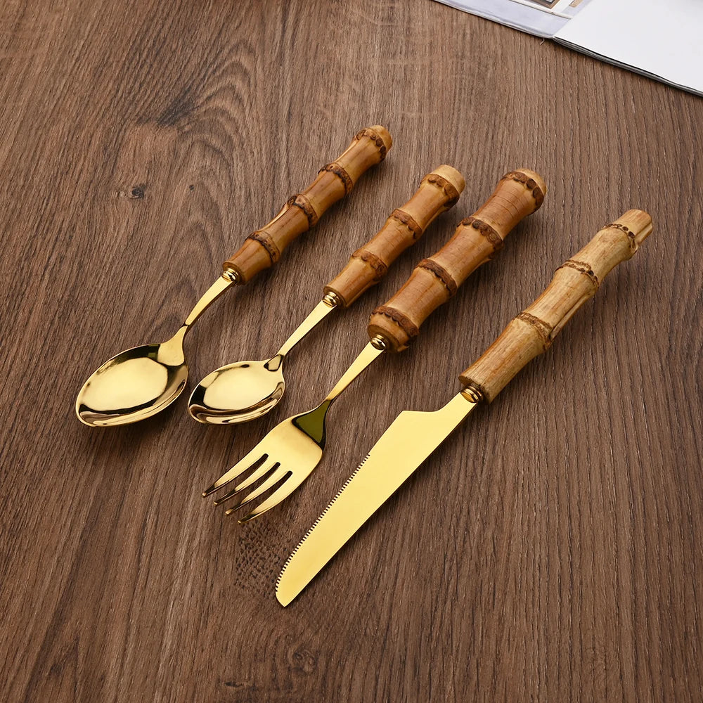 PINKTEN Bamboo-Handle Stainless Steel Flatware