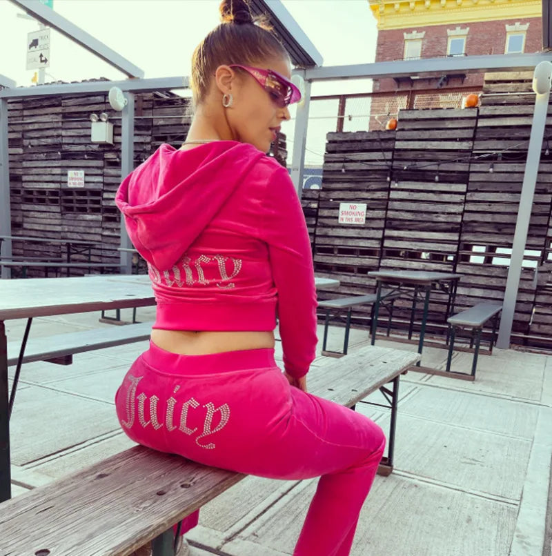 Women's Velvet-Look Embellished Hoodie and Pants Set