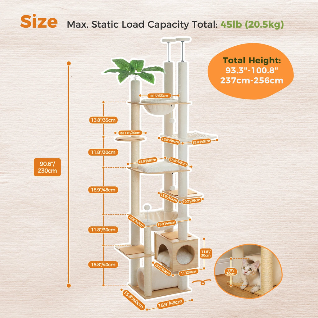 Adjustable Floor-to-Ceiling Cat Tree with Large Hammock