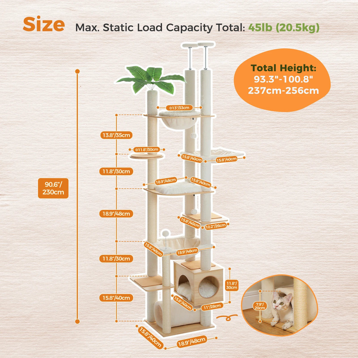 Adjustable Floor-to-Ceiling Cat Tree with Large Hammock