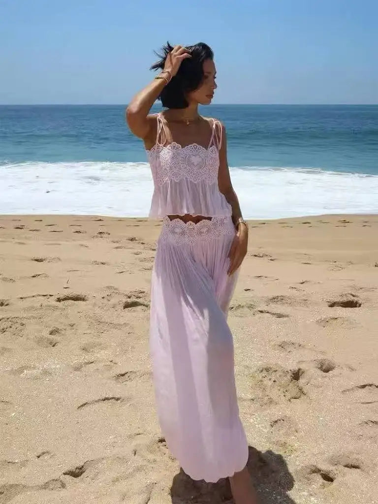Women's Floral Lace-Look Crop Top and Lantern Pants Set