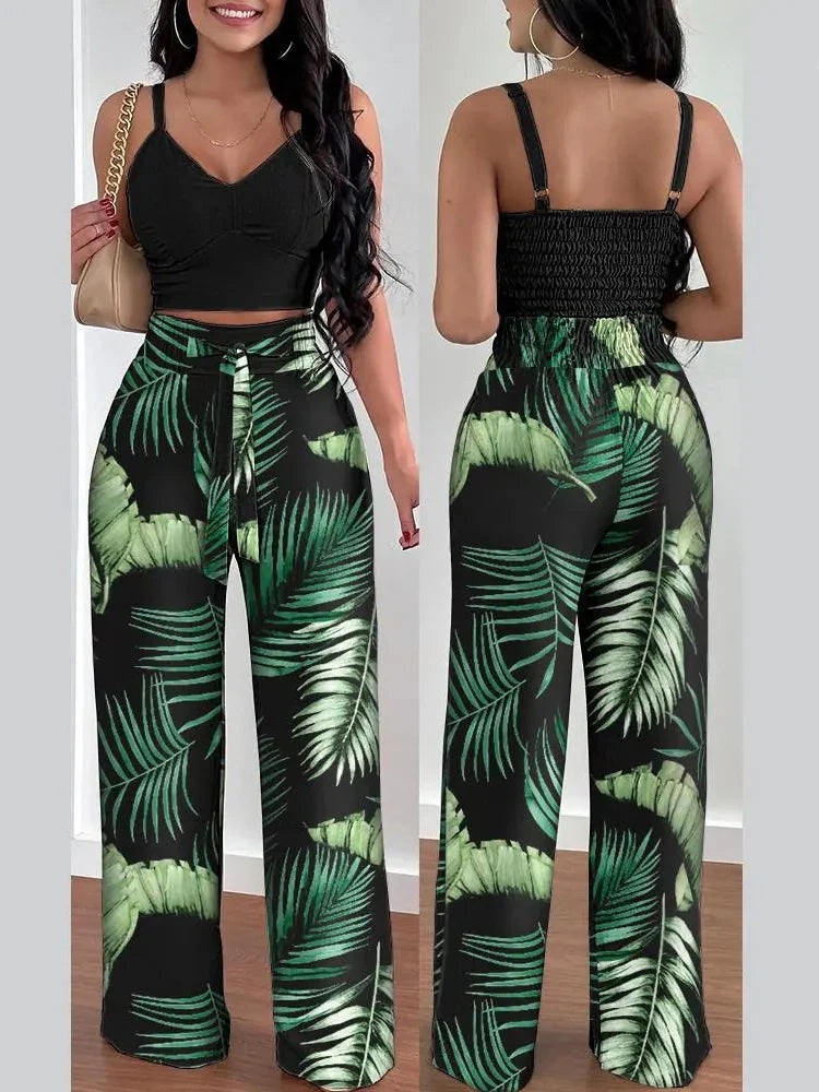 Women's Printed V-Neck Halter Top and Wide-Leg Pants Set