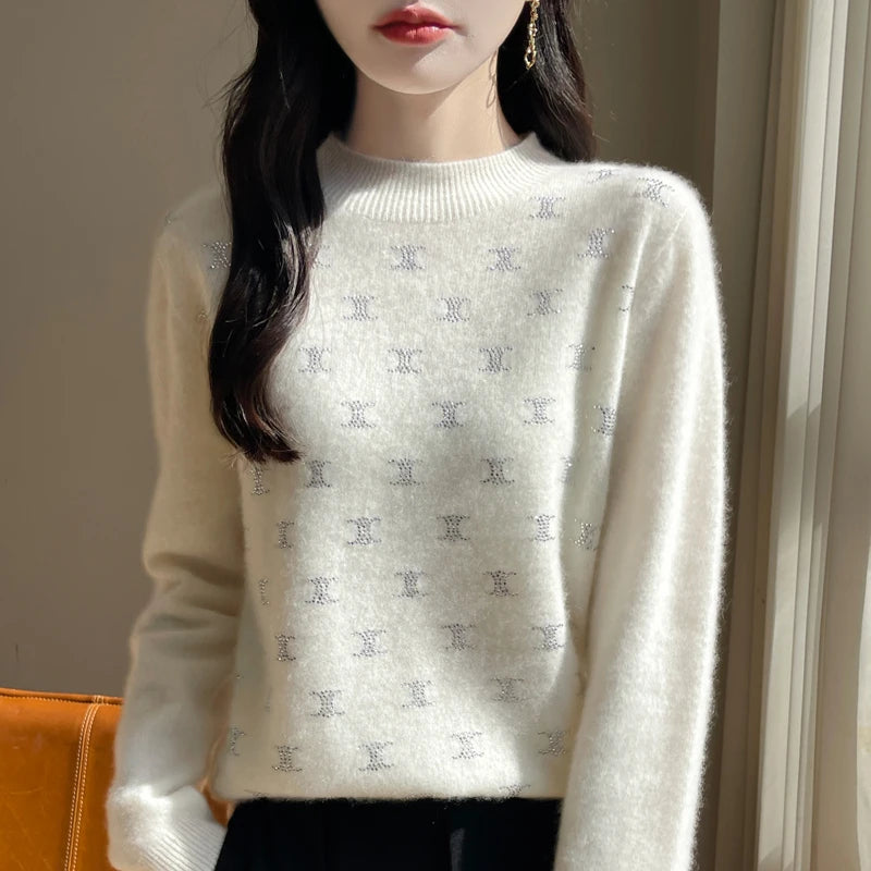 Women Fine Wool Thickening Sweater Half-high Collar Leaf studded With Diamonds Pullover Female Knitted Basis Tops Autumn Winter Dsers
