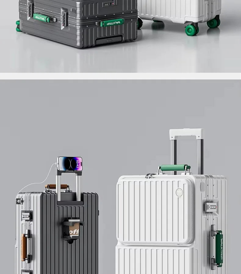 Front Opening Suitcase PC Material with Aluminum Frame TSA Lock Cup Holder Charging Port Colorful Wheels Travel Rolling Luggage Whispering Desires Shoppe