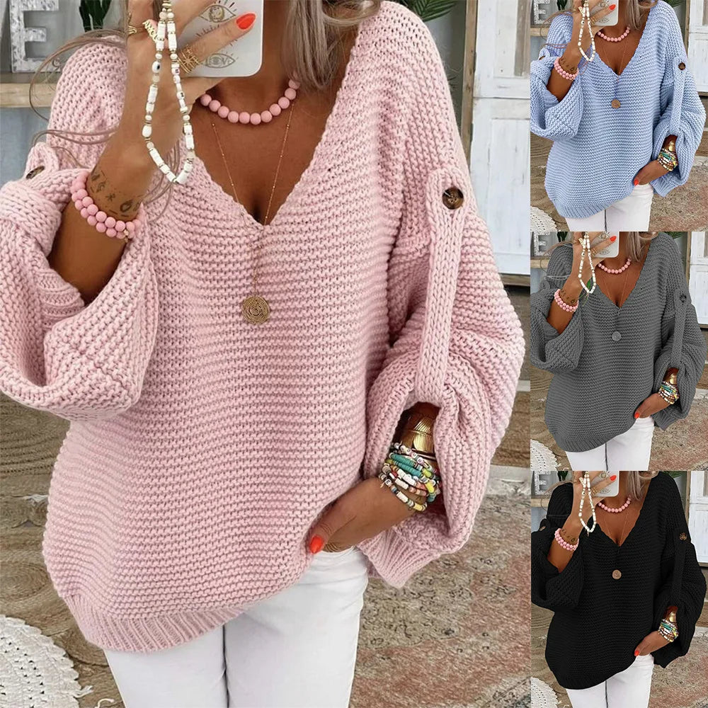 Button-Detail V-Neck Lantern-Sleeve Sweater