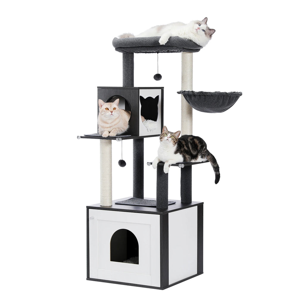 Multi-Level Wooden Cat Tree with Condo & Hammock