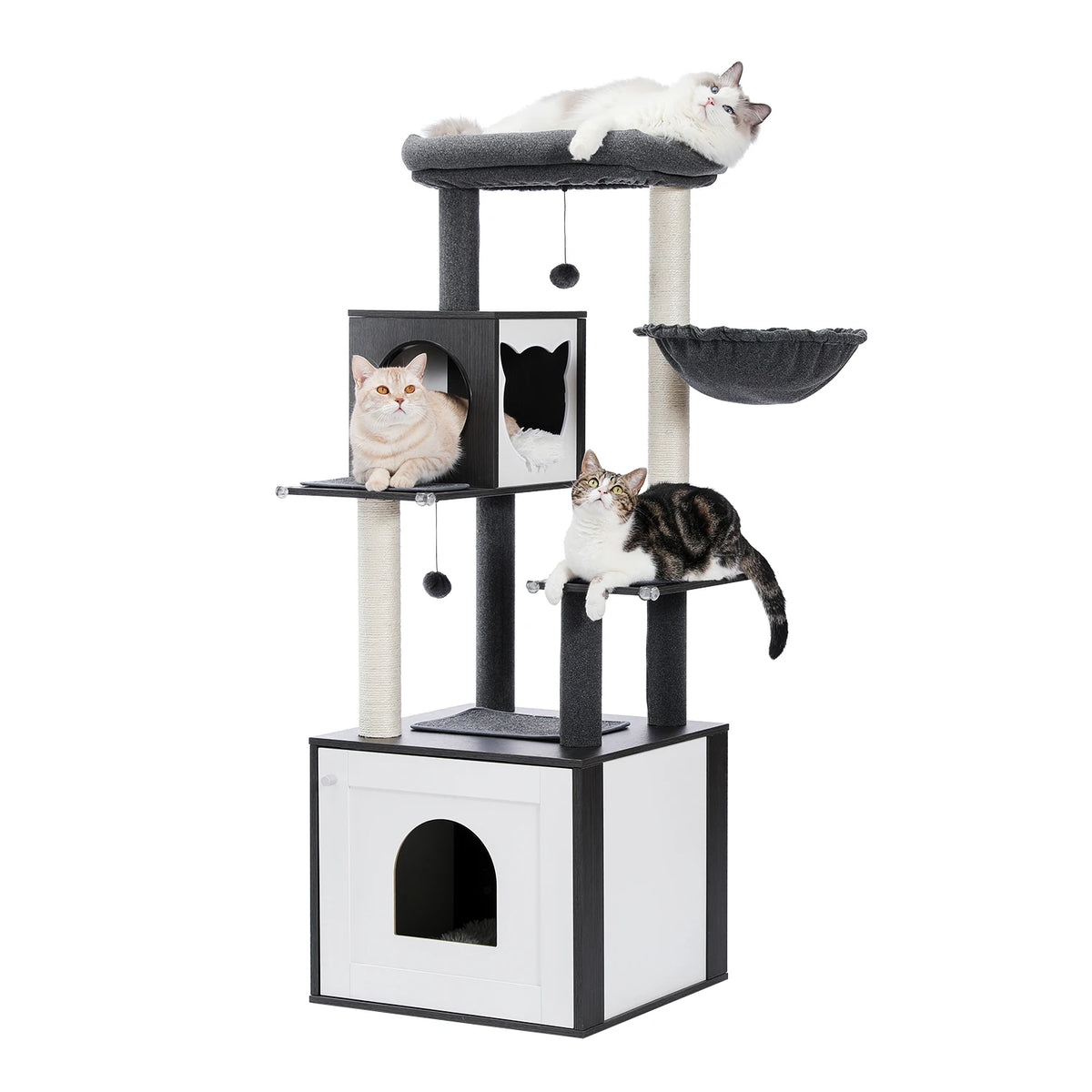 Multi-Level Wooden Cat Tree with Condo & Hammock
