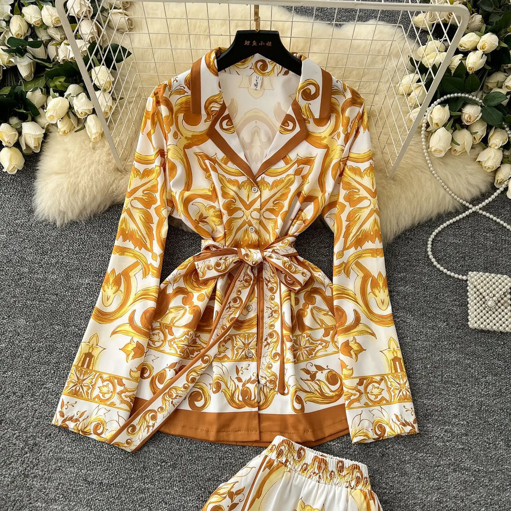 Printed Collar Top & Wide-Leg Pants Set