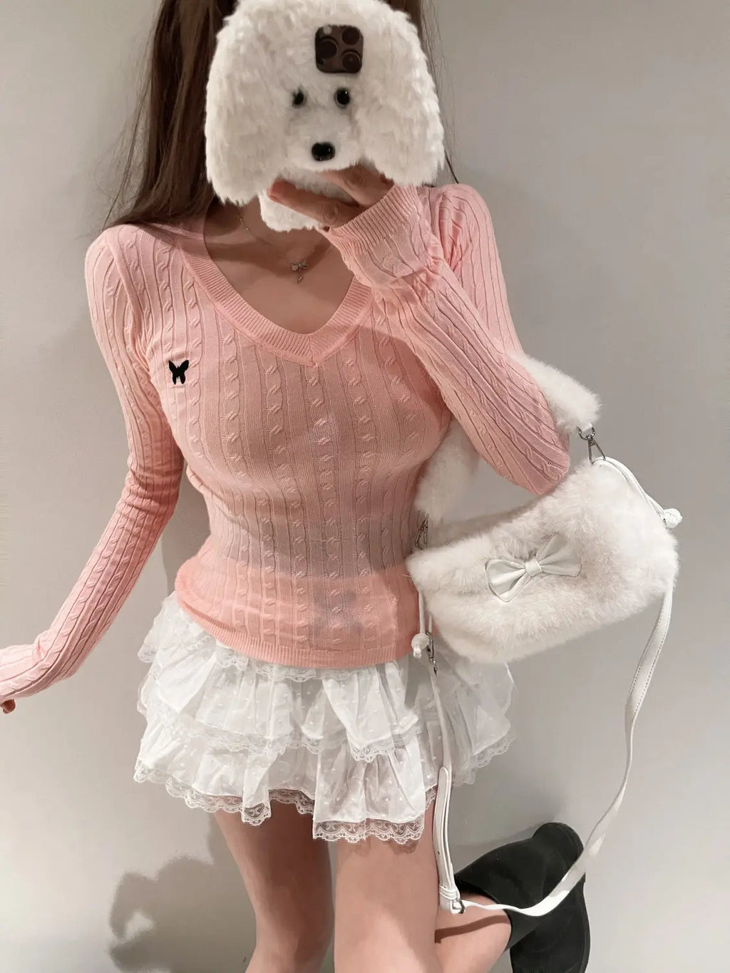 Casual V Neck White Pullovers Women Sweaters Autumn Winter Basic Long Sleeve Y2k Clothes Korean Pink Grey Ladies Tops Jumpers Whispering Desires Shoppe