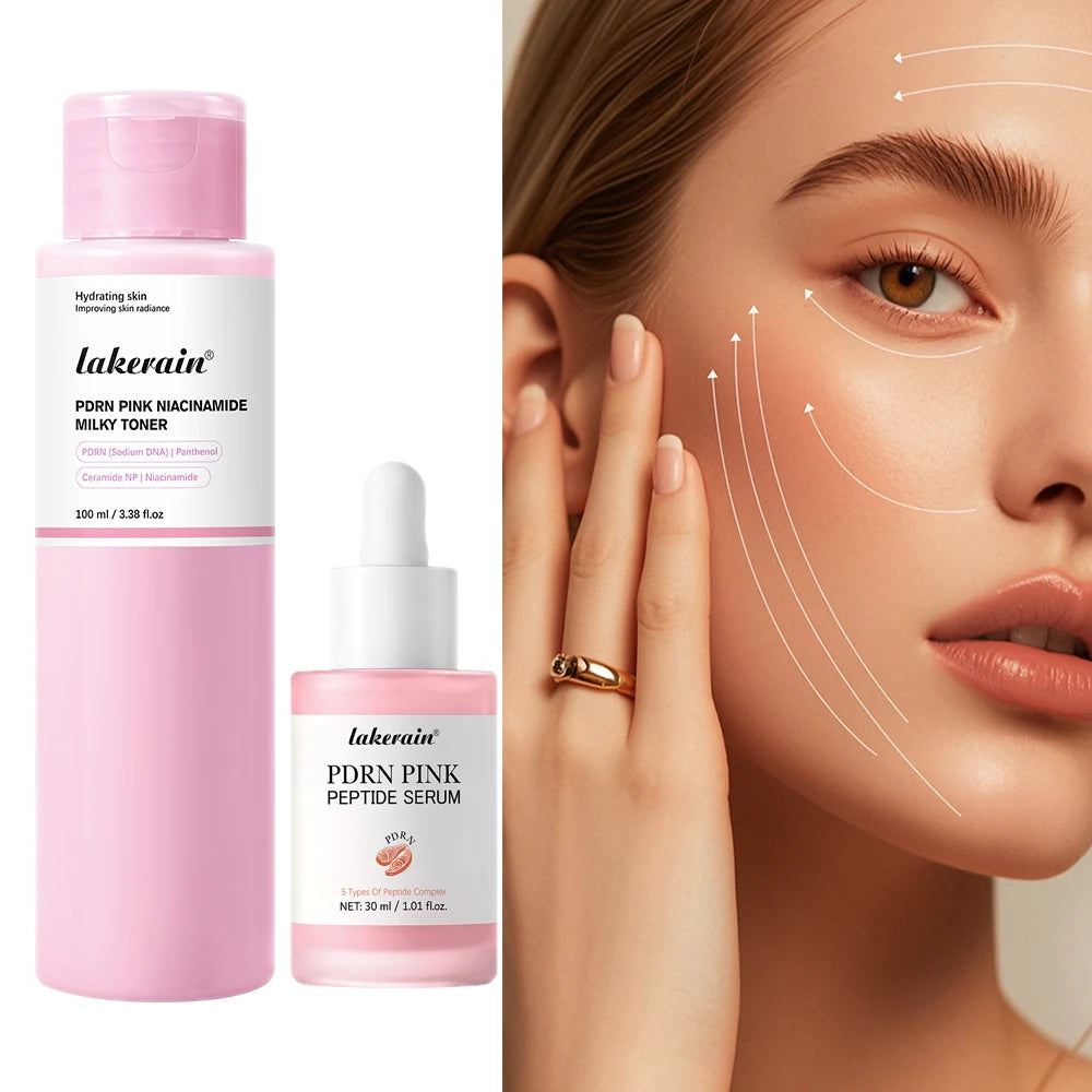 2Pcs Korean Glass Glow Skin Set, Salmon DNA PDRN Pink Peptide Serum With Niacinamide Milky Toner, Hydrating Soothing Firming Kit Dsers