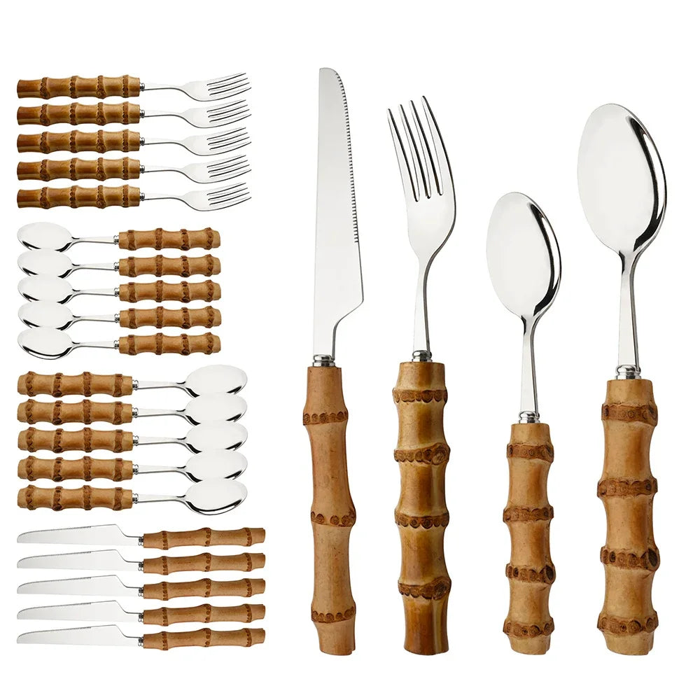 PINKTEN Bamboo-Handle Stainless Steel Flatware