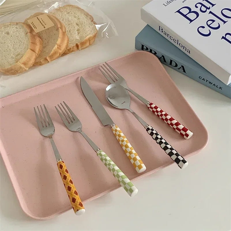 Checkerboard Ceramic-Handle Flatware — 3 Pieces