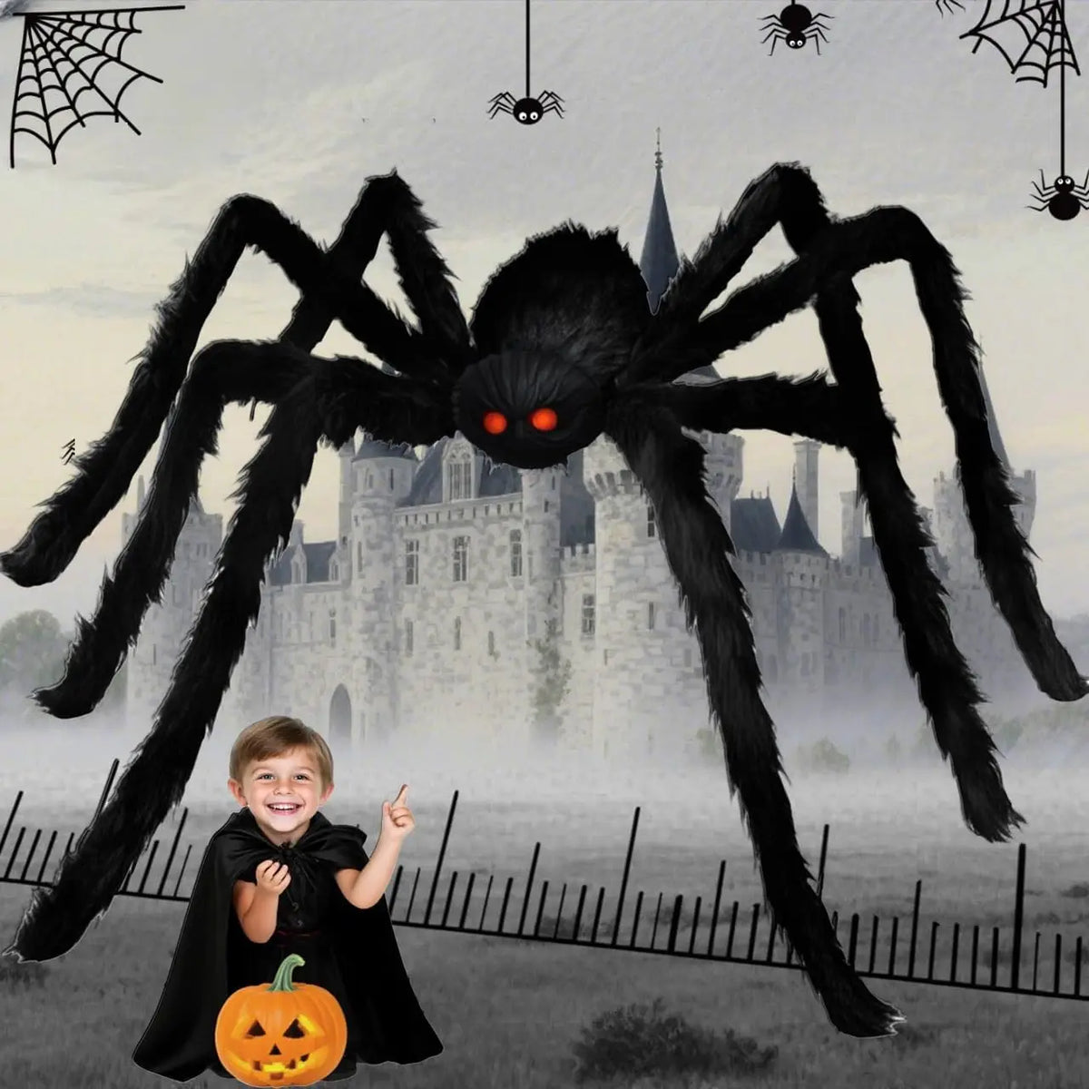 Black Plush Spider Halloween Decoration, 30–200 cm