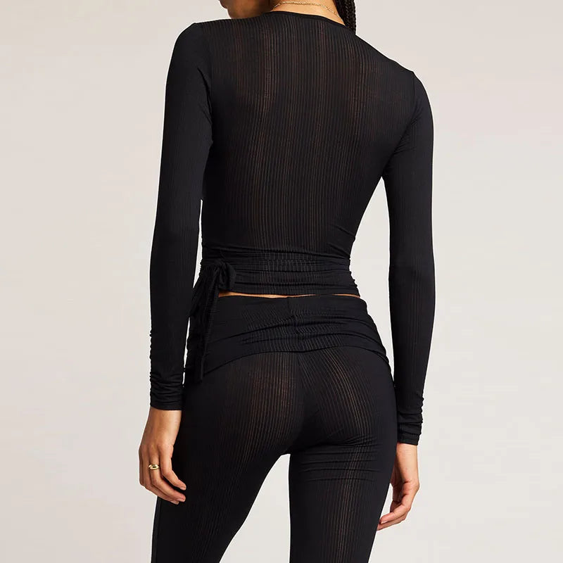 Women's Tie-Front Crop Top and Flared Pants Set