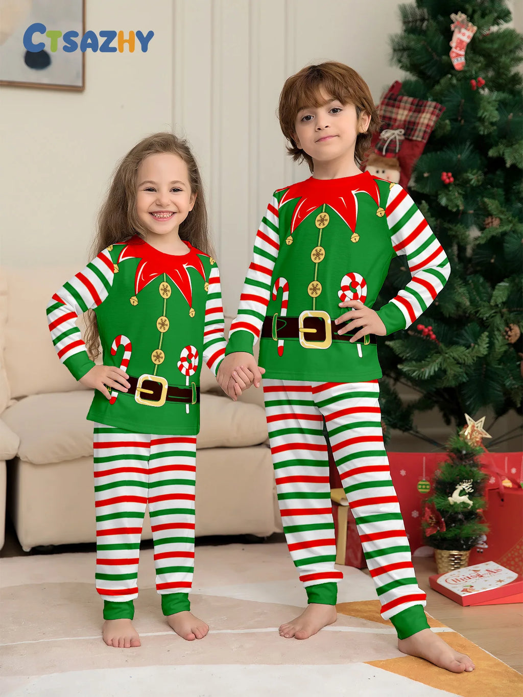 Green Elf Stripe Family Christmas Pajamas
