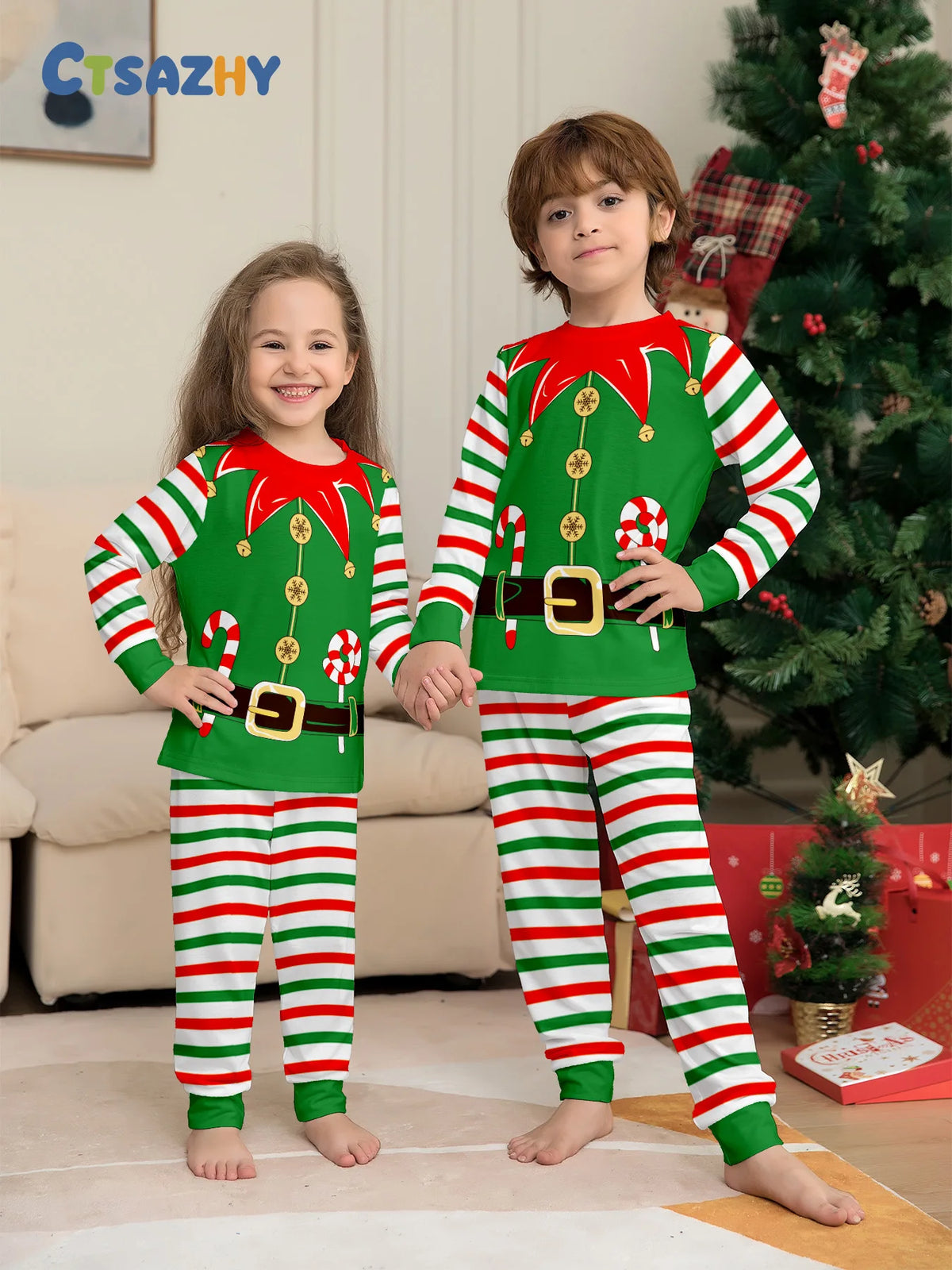 Green Elf Stripe Family Christmas Pajamas