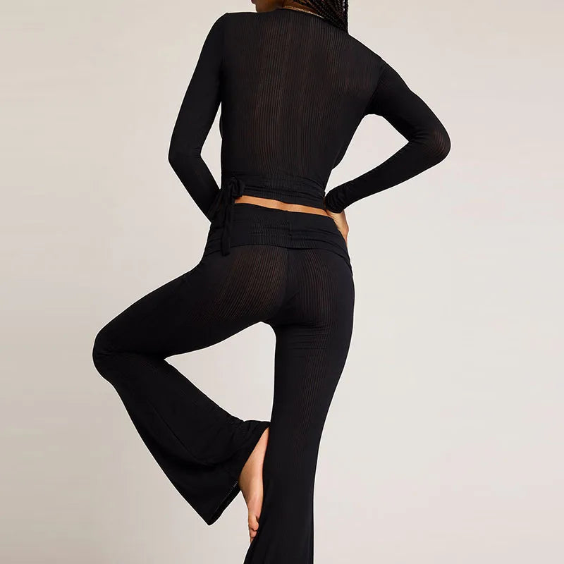 Women's Tie-Front Crop Top and Flared Pants Set