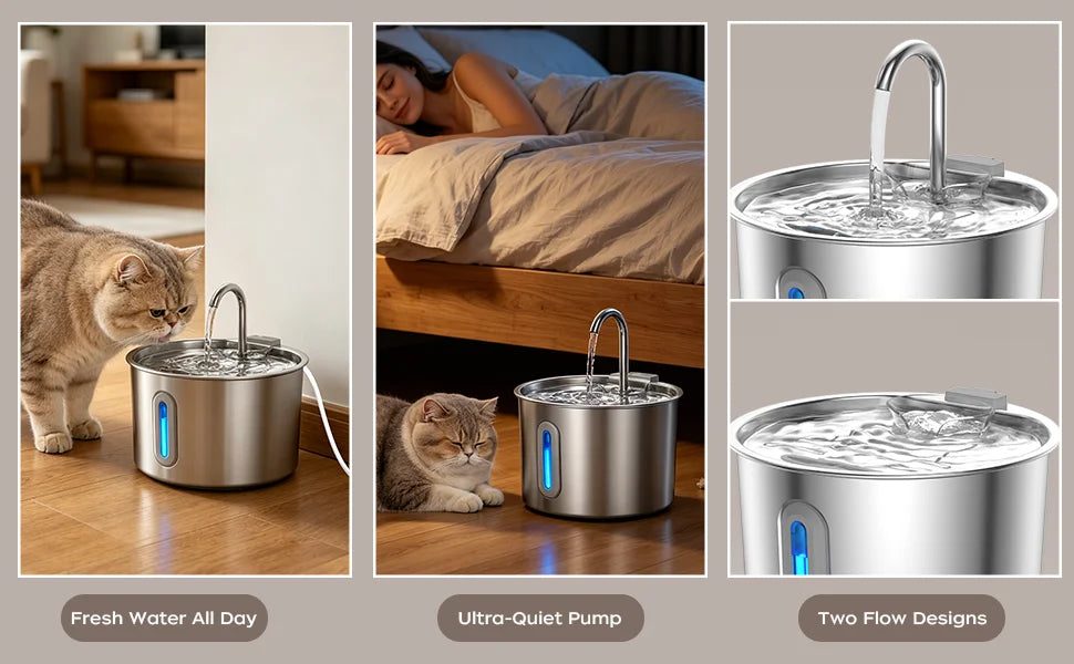 Cat Water Fountain Stainless Steel: 74oz/2.2L Cat Fountain for Drinking Pet Water Fountain for Cats Inside - Quiet Cats Water Bowl Dispenser - Kitty Drinking Fountains - for Pets& Small Animals Whispering Desires Shoppe