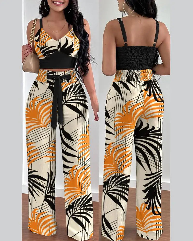 Women's Printed V-Neck Halter Top and Wide-Leg Pants Set