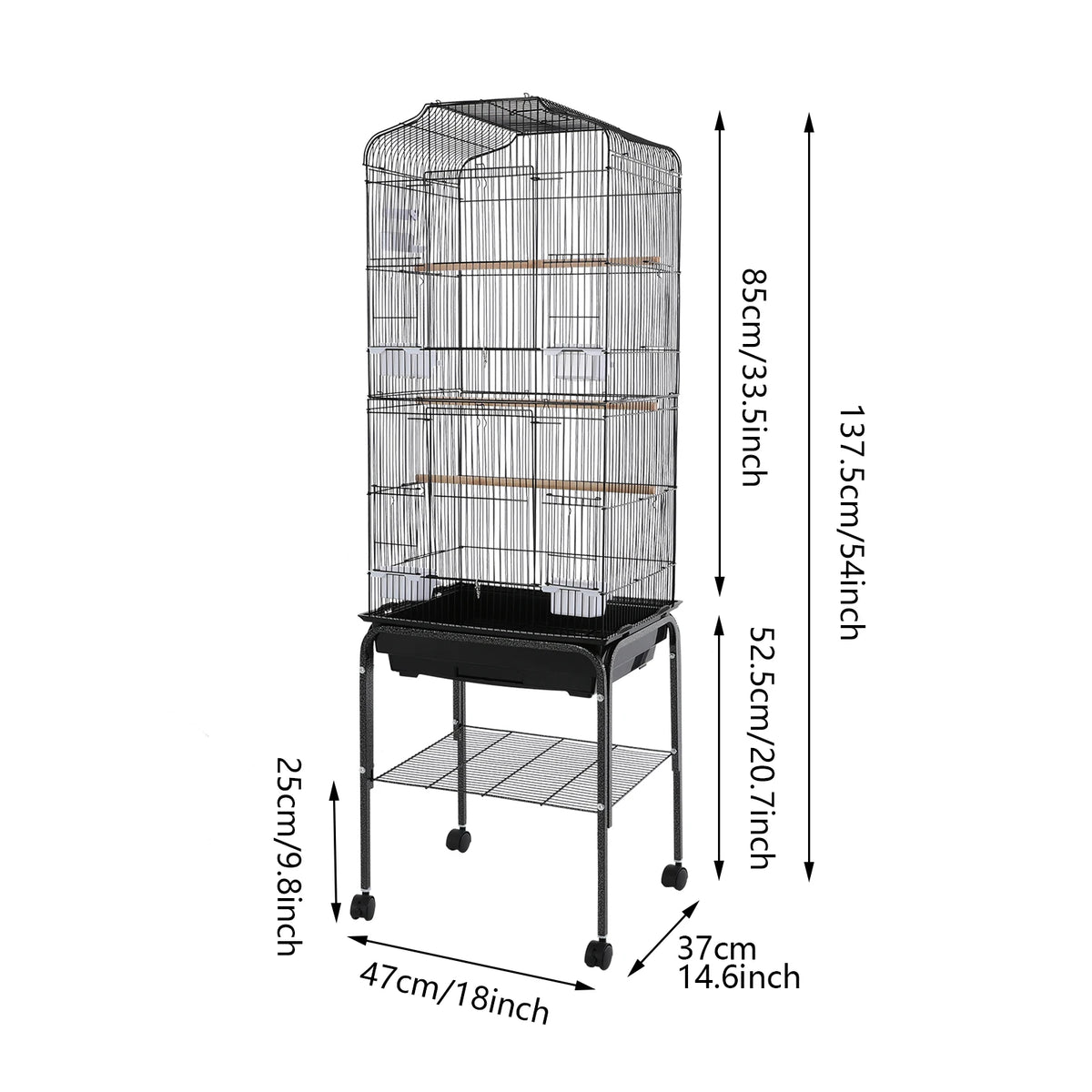 Bird Cage with Rolling Stand & Feeding Bowls